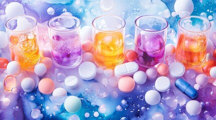 Artistic watercolor collage, interlacing vivid imagery of broken tablets and spilled alcohol with a clean area for motivational recovery quotes