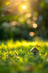Small home on the green grass. real estate investing, construction, equity investment. High quality photo