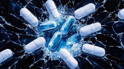 Artistic watercolor collage, interlacing vivid imagery of broken tablets and spilled alcohol with a clean area for motivational recovery quotes