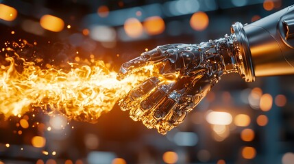 Closeup of a robotic arm extinguishing intense flames at a chemical plant explosion site, highlighting cutting-edge safety systems and rapid emergency response tech--style raw