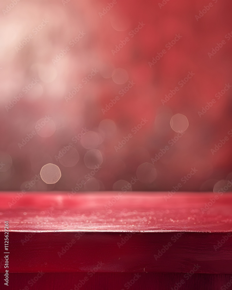 Poster a blurred red background with a wooden surface, creating a warm and inviting atmosphere.