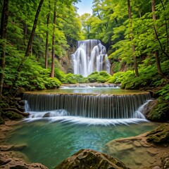 stunning landscape of a waterfall surrounded by lush green vegetation.The scene is framed by dense forests with tall trees, giving the impression of an untouched, serene waterfalls