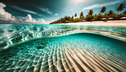 Beautiful scene of a tropical beach with crystal-clear waters that allow to see the sand on the shallow bottom.The turquoise hue of the Sea evokes a sense of leisure, and the summer season.