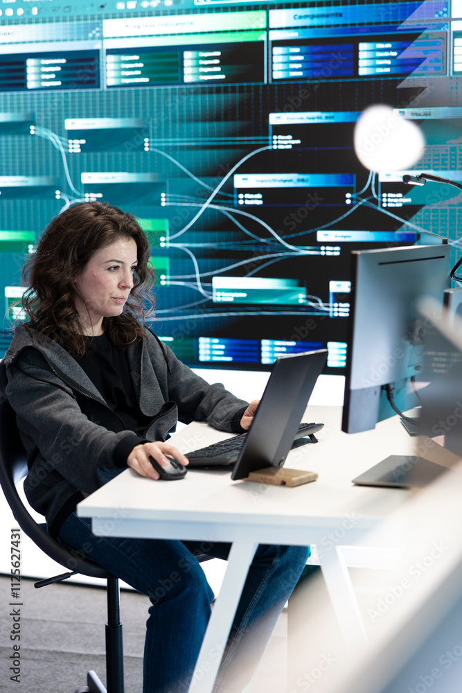 Poster female governmental hacker examines data on a computer in agency center, using advanced technology t