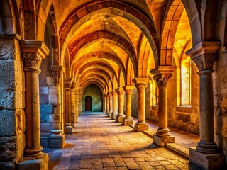 Explore a mesmerizing ancient stone hallway with elegant arches and columns, capturing the essence of historic architecture and heritage sites in a timelessly mysterious atmosphere.