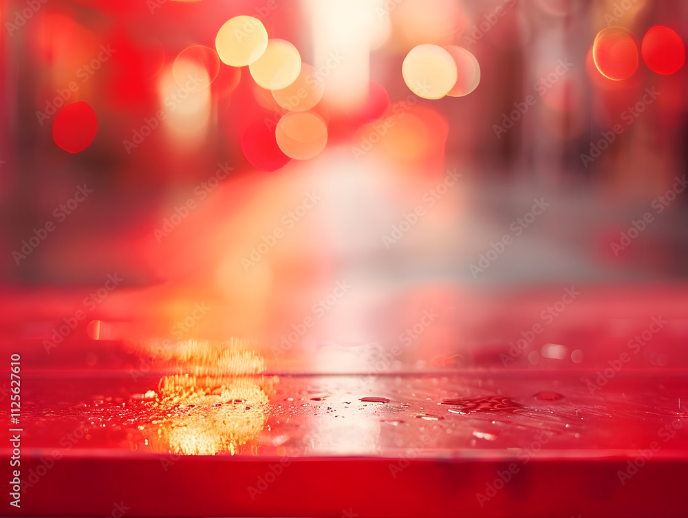 Aufkleber a blurred urban scene with red hues and soft lights reflecting on a wet surface.
