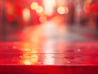 A blurred urban scene with red hues and soft lights reflecting on a wet surface.