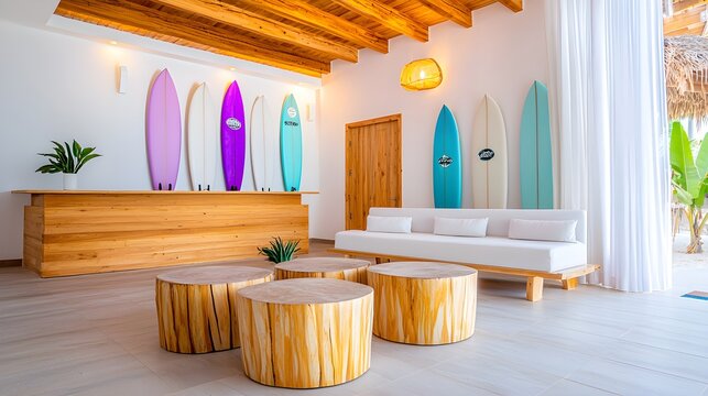 Cozy hostel reception by the beach, wooden furniture, light flowing curtains, soft pastel colors, surfboards as decoration, offering a relaxing, coastal vibe
