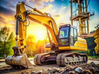 Featuring a close-up of a yellow excavator, this image emphasizes its machinery details against a blurred backdrop, ideal for themes in construction and heavy equipment.