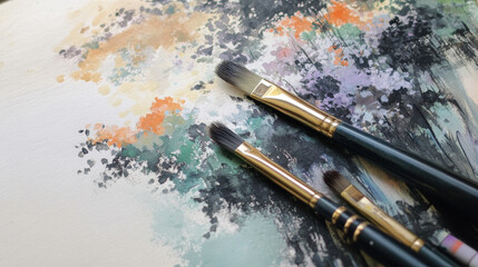 Fototapeta premium Creative Tools: Paints and Brushes on Paper