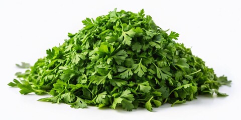 Obraz premium Finely Chopped Dry Parsley Leaves for Culinary Perfection - Product Photography on White Background, Ideal for Cooking, Seasoning, and Garnishing, Perfect for Food Blogs and Recipes