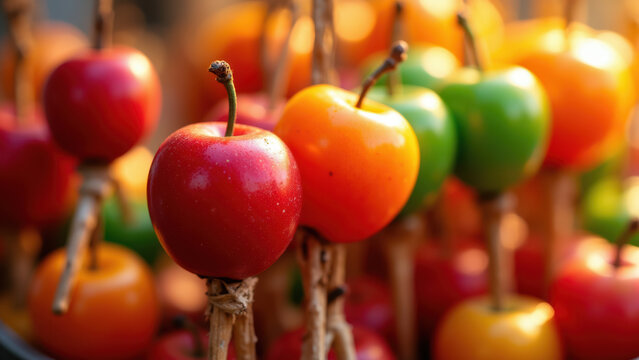 Close-up view of a single red candy apple on wooden sticks amidst other fruit-covered skewers.
