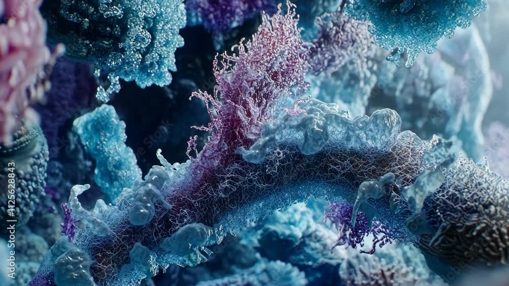 Poster colorful microscopic view showcasing intricate patterns of cells and microorganisms in an underwater