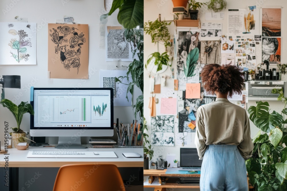 Fototapete A workspace features a sleek computer setup while an artistic wall showcases various creative artworks and designs, inspiring productivity. Generative AI