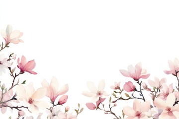 Obraz premium Elegant magnolia blossoms on branches with soft pastel petals against white background