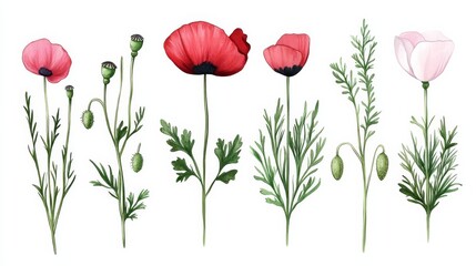 Watercolor red and pink poppies with green stems and buds on white background