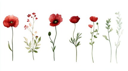 Naklejka premium Delicate watercolor flowers with varied red blooms and green stems