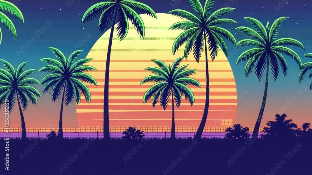 Poster synthwave escape stylized pixel palm trees with a glowing lime green and radiant violet shimmer stan