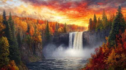 Autumn Waterfall Paradise: A Breathtaking Sunset Scene
