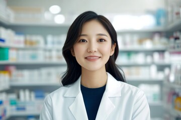 Asian female pharmacist in pharmacy setting with shelves of medicines