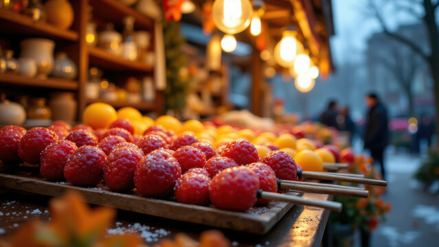 A delightful display of tang hu luo with a variety of fruits on wooden skewers.