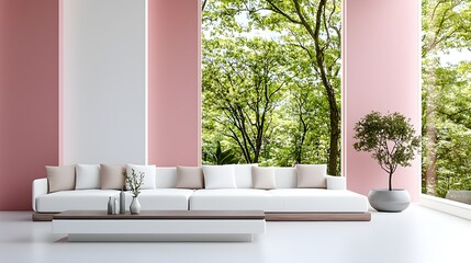 Bright living room with blush pink and white color scheme, comfortable sofas, large windows with sheer curtains, minimalist art and soft lighting