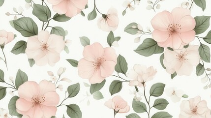 Fototapeta premium A floral pattern featuring soft pink flowers and green leaves on a light background.