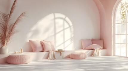 Chic living room with pink and white color scheme, modern sofas, bright windows, minimalist decor, soft sunlight streaming in, cozy ambiance