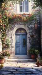Floral rustic stone wall with door high resolution image