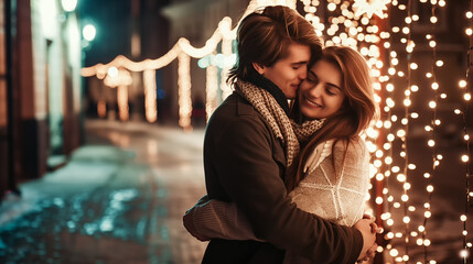 Young Couple Embracing by Christmas Lights on the Street. A young couple in love, hugging in the warm glow of Christmas lights strung along a city street