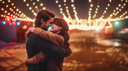 Young Couple Embracing by Christmas Lights on the Street. A young couple in love, hugging in the warm glow of Christmas lights strung along a city street