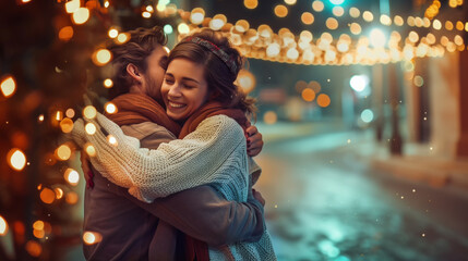 Young Couple Embracing by Christmas Lights on the Street. A young couple in love, hugging in the warm glow of Christmas lights strung along a city street