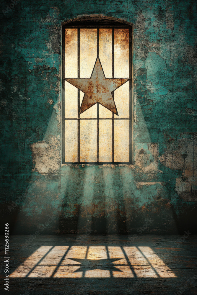Poster stargazing, a rustic window casts shadow rays featuring a star, illuminating a weathered wall, creat