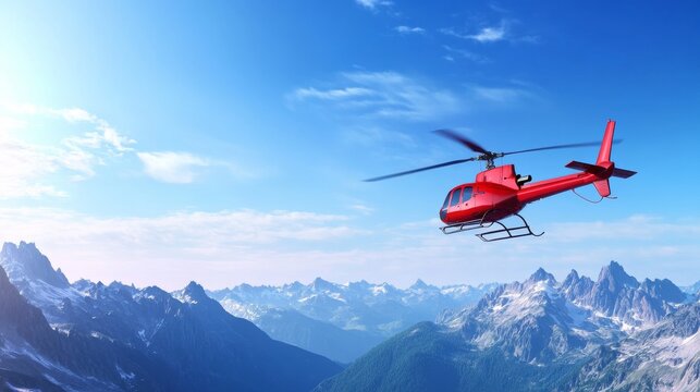 Red helicopter soaring over snowy mountain range on clear day