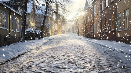 Snowy Cobblestone Street with Falling Snowflakes at Dusk