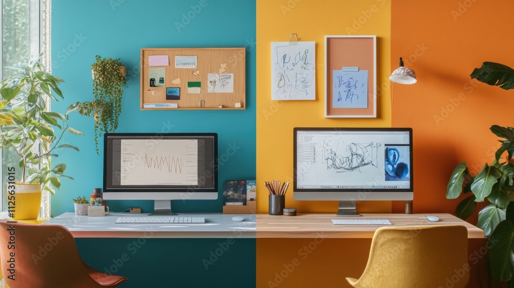 Poster two distinct workspaces showcase creativity and productivity through minimalist and artistic styles,