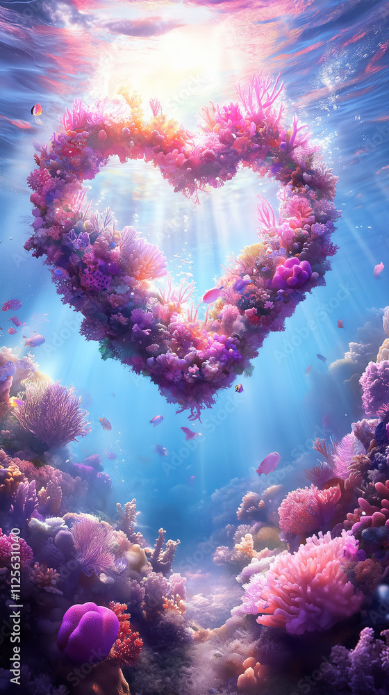 Poster colorful coral structures create a heart shape beneath the water, illuminated by sun rays and surrou