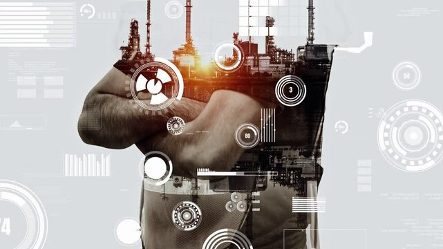 Future factory plant and inventive energy industry concept in creative graphic design. Oil, gas and petrochemical refinery factory with hologram showing next generation of power and energy business.