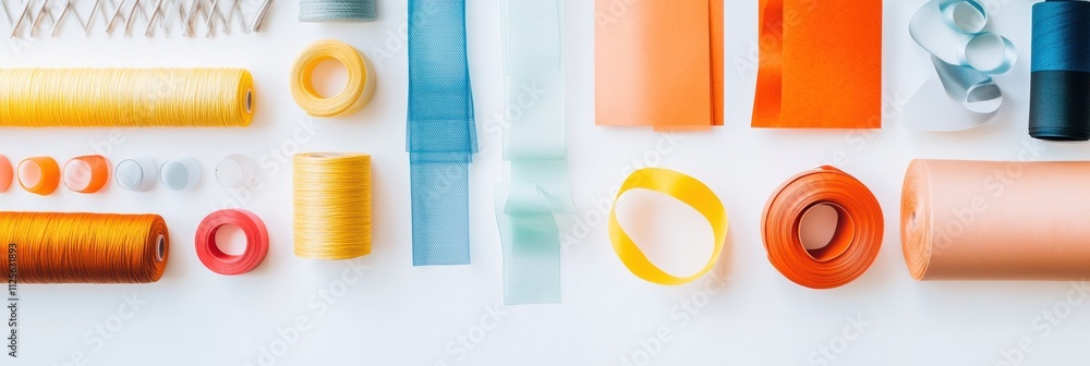 Aufkleber brightly colored ribbons, wrapping paper, and decorative items are arranged neatly on a white surfac