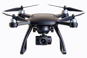 High-resolution PNG of a black drone equipped with a camera, displayed against a white background, perfect for aerial photography and contemporary technological uses across various fields.