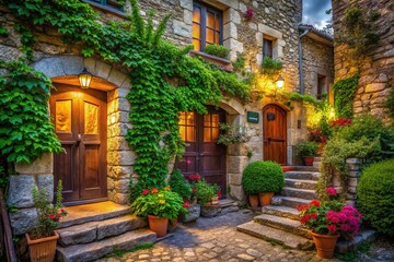 Naklejka premium Historic Old Stone House exuding rustic charm; a timeless architectural gem captured beautifully through photography, showcasing its unique character and rich heritage.