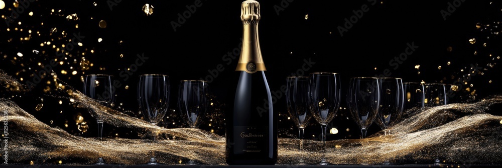 Poster celebratory atmosphere is created with a champagne bottle popping and elegantly arranged glasses, hi