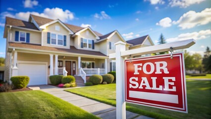 Fototapeta premium House Sold sign prominently displayed, blending seamlessly into a blurred backdrop of a beautiful home. Ideal for showcasing property listings and selling illustrations effectively.
