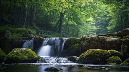 Fototapeta premium Serene Waterfall Cascading Through Lush Forest