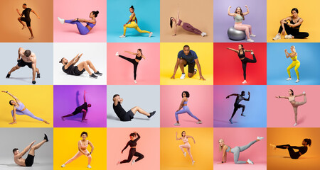 A vibrant collage showcases individuals of different backgrounds participating in fitness exercises, including yoga, strength training, and aerobic movements against colorful backdrops.