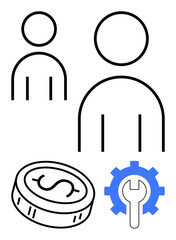 Fototapeta premium Two minimalistic human figures, a coin with a dollar sign, and a blue gear with a wrench. Ideal for business planning, management, finance, teamwork, economic growth service industry workflow. Line