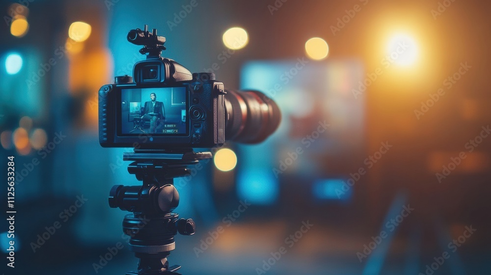 Poster recording an interview on camera occurs in a digital studio setting with a blurred background, empha