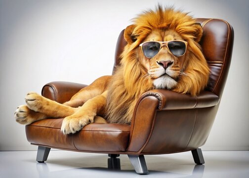 In a comfortable leather chair, a lion in shades embodies office procrastination, offering a humorous take on the motivational struggles faced in a modern workspace.
