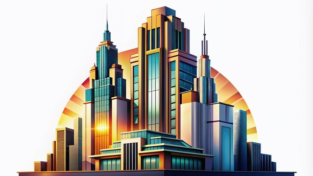 In a dazzling futuristic cityscape, a sleek Art Deco skyscraper features striking geometric shapes and shimmering metallic accents, embodying elegance and modern sophistication.