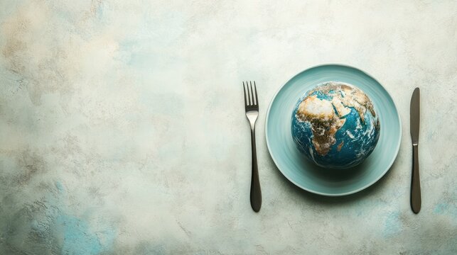 Globe on a plate with fork and knife on a light background, Wworld Food Day concept background wallpaper